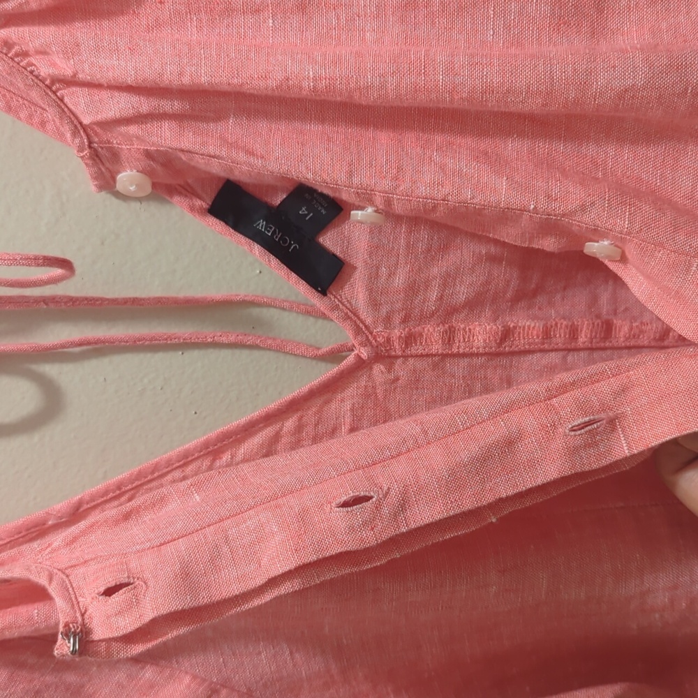 J Crew V-back Linen Top Blouse Pink Puff Short Sleeves Back Tie Button Front- 14 - Picture 10 of 12